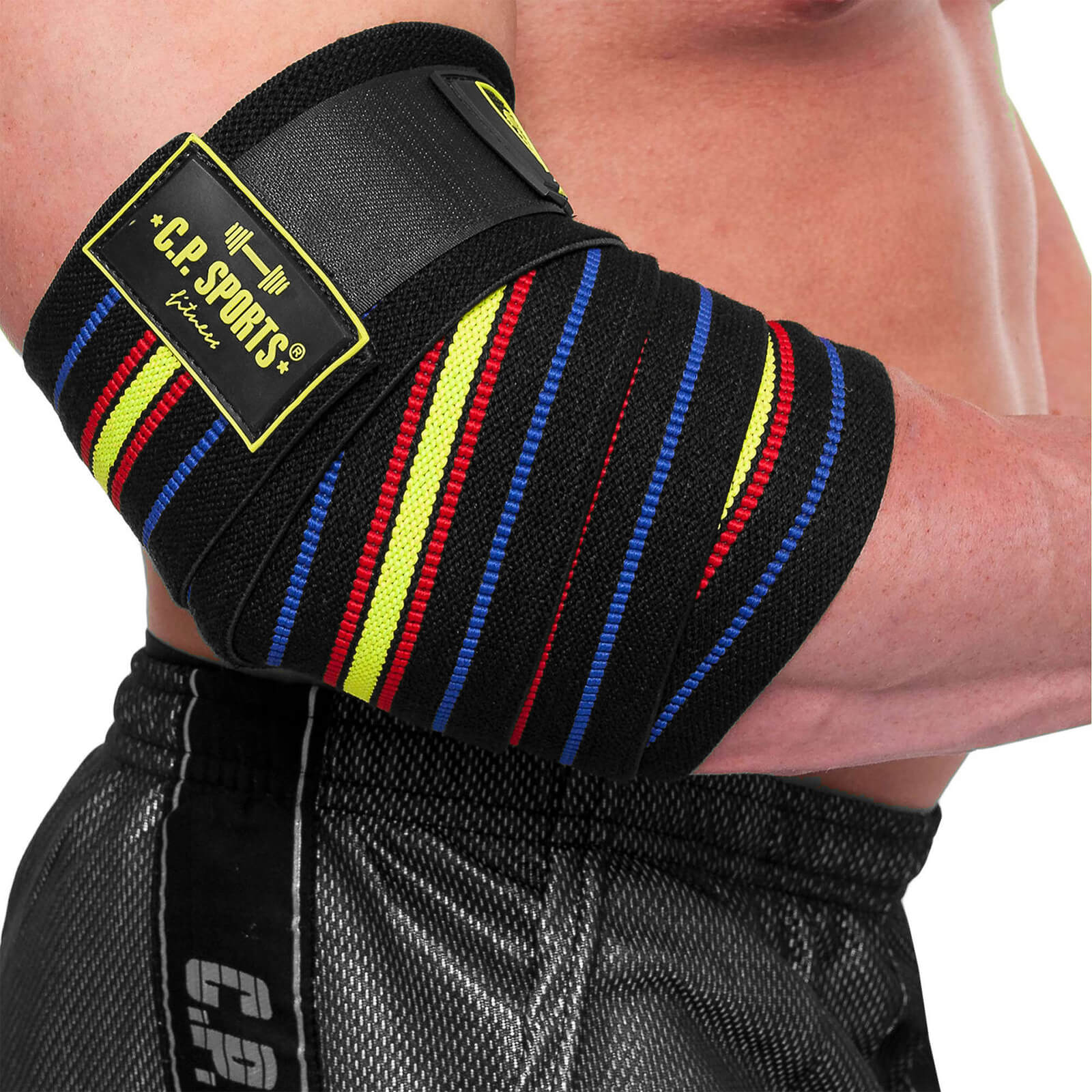 Tjek Elbow Wraps Pro, sort/blå/rød/gul, CP Sports hos SportGymButiken