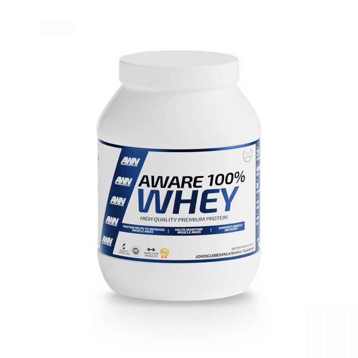 Se Aware Whey Protein 100%, 900 g, Strawberry Milkshake på SportGymButikken.dk