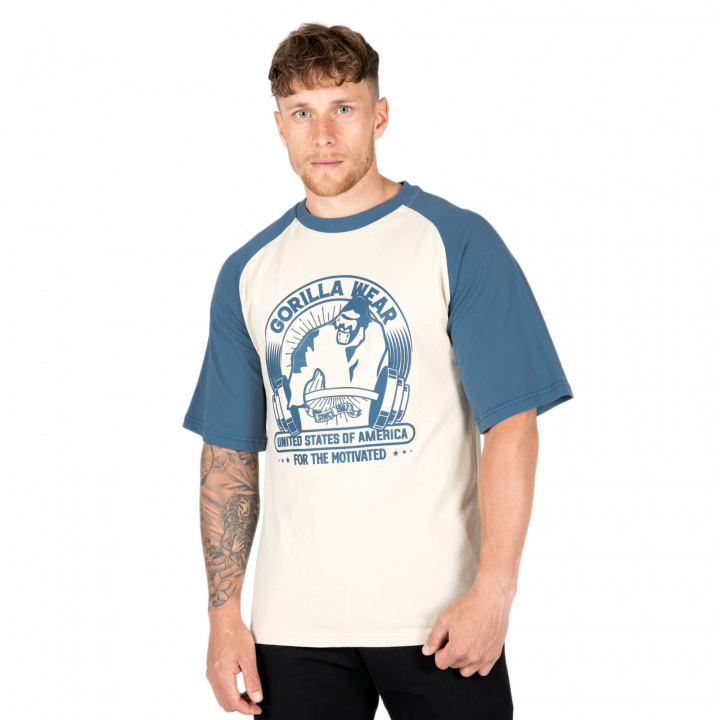 Tjek Logan Oversized T-Shirt, beige/blå, Gorilla Wear hos SportGymButikken.dk