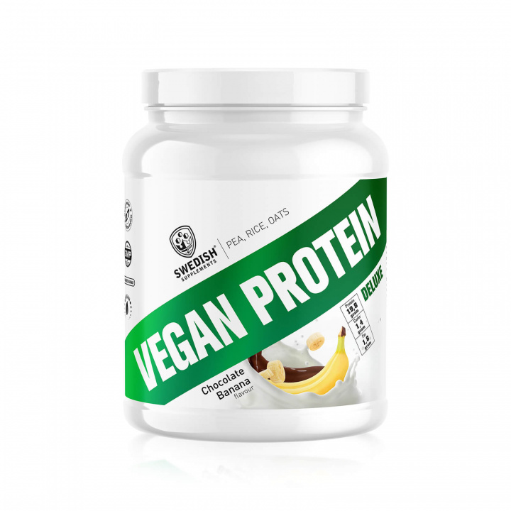 Tjek Vegan Protein Deluxe, 750 g, Chokolade Banan ud på SportGymButikken.dk